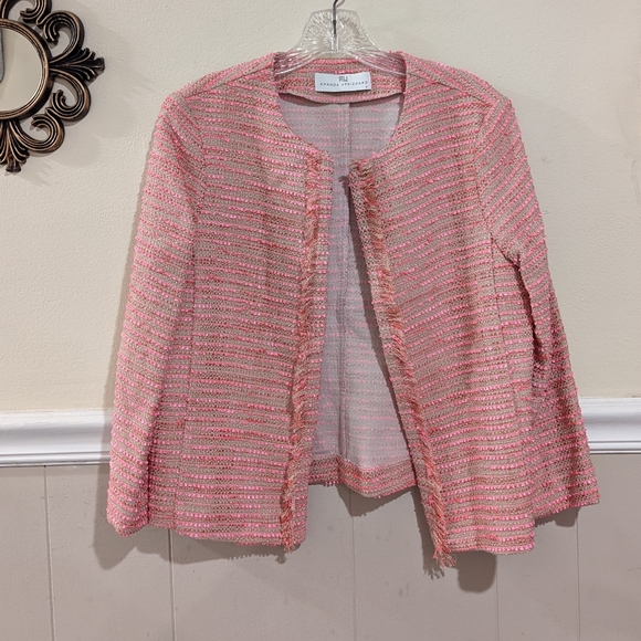Amanda Uprichard Pink Fringe Open Front Cardigan Tweed Jacket - Picture 1 of 5
